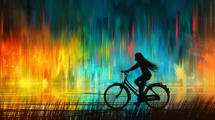 Silhouette of Woman Riding Bicycle with Colorful Abstract Background