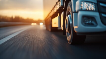 A detailed close-up image of a large truck in motion on a highway during sunset, showcasing speed and the vibrant colors of the dusk sky in the background.