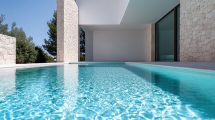 Fototapeta premium A sleek, modern pool featuring clear, refreshing water and minimalist design elements, accentuated by a striking stone wall, framed by trees and natural elements.
