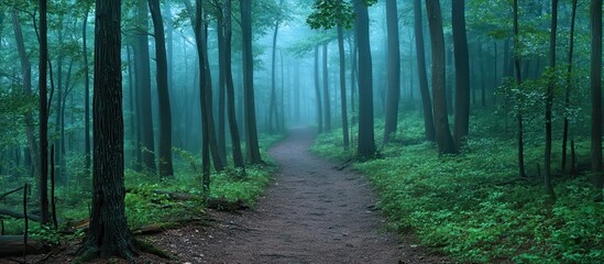 Naklejka premium Misty Forest Pathway in Dense Green Woodland with Tall Trees and Lush Foliage
