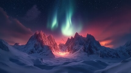 northern lights in snowy mountains. fabulously beautiful winter landscape.