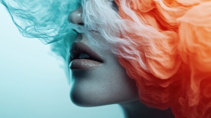 An abstract visual featuring a dynamic flow of hair surrounded by contrasting hues of blue and orange, showcasing a creative blend of movement and colors.