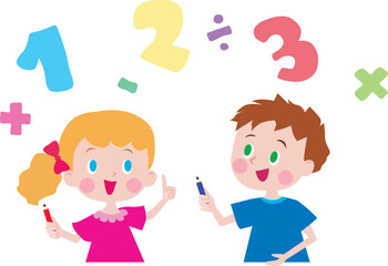 Cute kids studying mathematics. Vector illustration