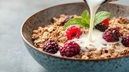 The image captures a ceramic bowl filled with granola, raspberries, and blackberries while milk is being poured, highlighting a wholesome and nutritious breakfast scene.