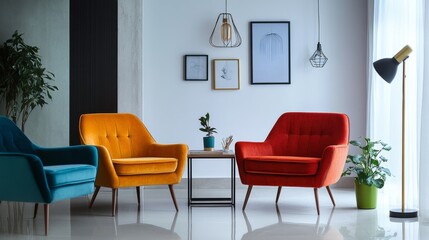 A clean, minimalist living room with bold, vibrant armchairs and minimal decor, letting the furniture take center stage