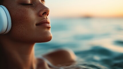 An individual enjoying the serene ambiance of the sea at sunset with headphones on. The calm waters and setting sun create a tranquil and meditative environment.