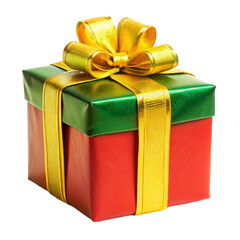 Red and green wrapped Christmas gift with a gold ribbon isolated on transparent background