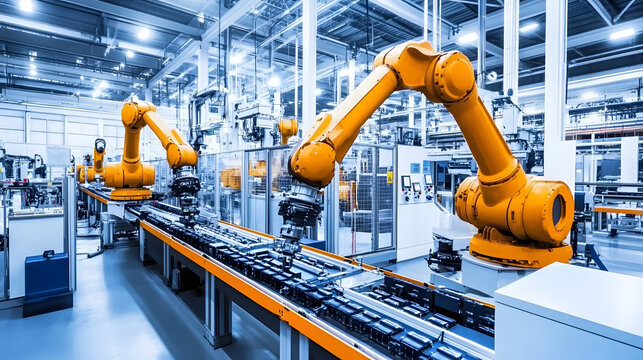 Advanced automated battery production line with robotic arms assembling lithium-ion cells on conveyor belt. Skilled workers in protective gear supervising high-tech manufacturing process. Industrial i