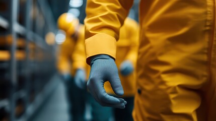 Naklejka premium A close-up view of workers in yellow protective suits, focused on safety practices and precision in an industrial facility with clean, controlled conditions.