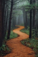 Naklejka premium Serene Forest Pathway Winding Through Misty Pine Trees on a Foggy Morning