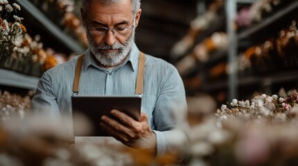 A mature bearded man in an apron, intently using a tablet among a variety of flowers, captures the essence of business technology integration in horticulture.