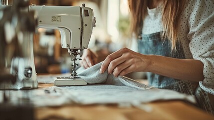 Woman Sewing Fabric with a Vintage Sewing Machine