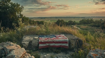 Obraz premium An American Flag Laid on a Stone Platform Overlooking a Rural Landscape at Sunset
