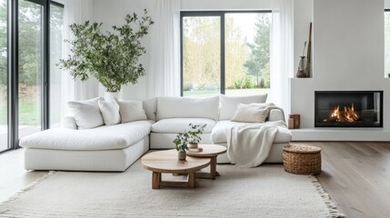 Fototapeta premium Bright and airy Scandinavian living room featuring a white corner sofa, fireplace, and minimal decor in a modern, open space