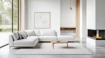 Bright and airy Scandinavian living room featuring a white corner sofa, fireplace, and minimal decor in a modern, open space
