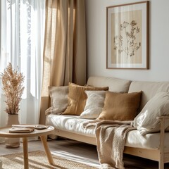 Bright Japandi-style living room with a 170 cm vertical framed poster of botanical prints, natural linen curtains, and a low-profile sofa.