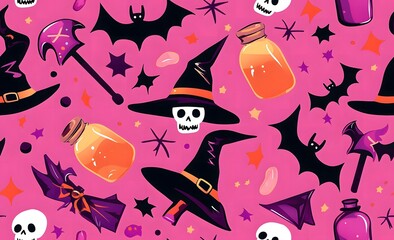 Halloween-themed seamless pattern, pink background