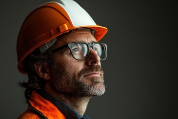 Close-up of construction worker in orange helmet
