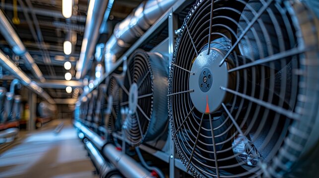 Close-up of Industrial Cooling Fans and Piping System