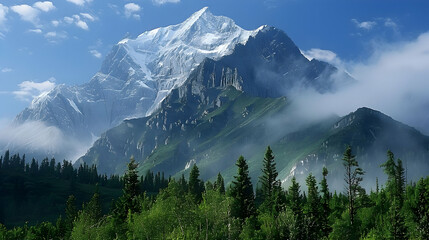 Obraz premium Majestic Mountain Range with Snow-Capped Peak and Lush Forest