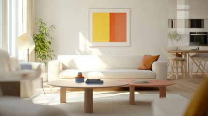 Bright, minimalist living room with a multicolored table, clean lines, and a neutral palette for balance