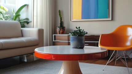 Bright, multicolored table adds character to a minimalist living room with neutral furniture and minimal decor.