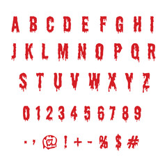 Red spooky y2k style alphabet with numbers bloody style. Scary party or halloween concept.