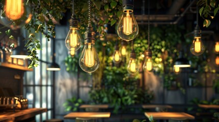 Light bulbs with glowing filaments hanging in an interior of a modern cafe on a green plants background