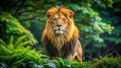 Fototapeta premium A majestic lion stands proudly amid verdant foliage, embodying the spirit of the wilderness with its regal presence and commanding strength in a vibrant setting.