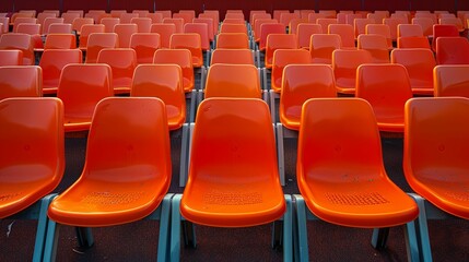 Naklejka premium Rows of Bright Orange Stadium Seats with a Red Background