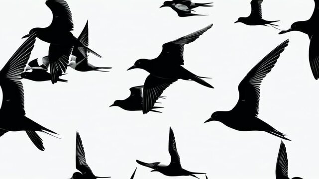 Low flying arctic tern bird swarm silhouette repeating pattern abstract