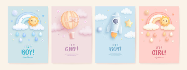 Baby shower banner, invitation, arrival greeting card design template. Baby birth vector 3d toys, rainbow. It's a girl. It's a boy. Welcome baby background