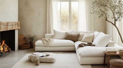 Cozy living room with Scandinavian design, white corner sofa by a fireplace, and natural decor elements like wood and plants