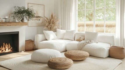 Obraz premium Cozy living room with Scandinavian design, white corner sofa by a fireplace, and natural decor elements like wood and plants