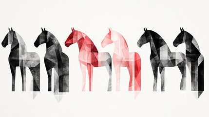 Geometric horses in black and red.