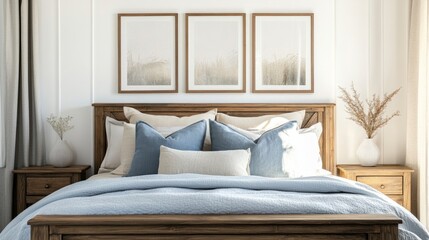 Farmhouse-inspired bedroom with a wooden bed, soft blue pillows, and three framed posters on a simple white wall.