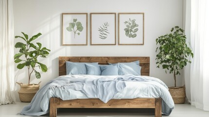 Farmhouse-inspired bedroom with a wooden bed, soft blue pillows, and three framed posters on a simple white wall.