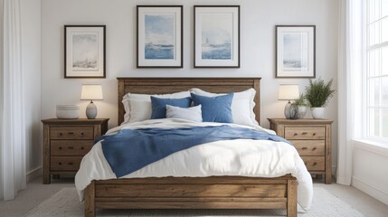 Farmhouse-style bedroom featuring a rustic bed, blue pillows, two bedside cabinets, and three art frames on a white wall.