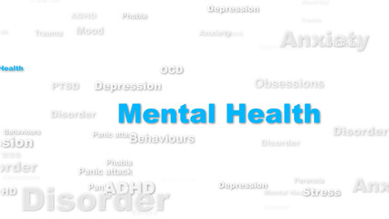mental health and illness terms on transparent background, psychology,health and education isolated design element,