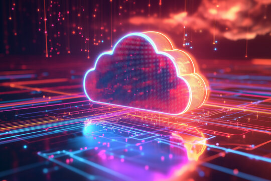 A glowing, 3D neon-colored cloud storage icon surrounded by digital lines and data streams, representing cloud computing and data transfer in a futuristic, high-tech environment