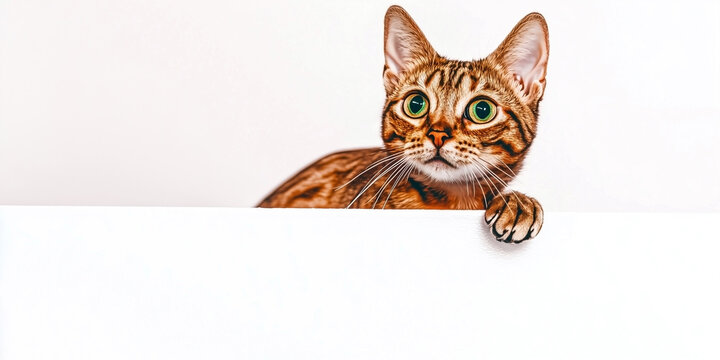 Adorable tabby cat with striking green eyes peeks over a blank white background, showcasing its curious personality and charming expression. Ai generated