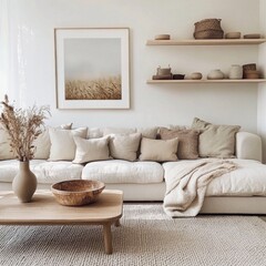 Light and airy Japandi living room with a 150 cm landscape poster frame, minimalist shelving, and a soft, neutral color palette.