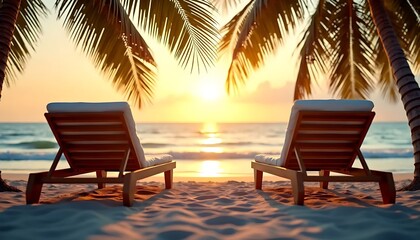 A beach scene at sunset with two empty lounge chairs facing the ocean. Palm trees sway gently in the background, and soft golden light reflects off the water, symbolizing peace and retirement (3)