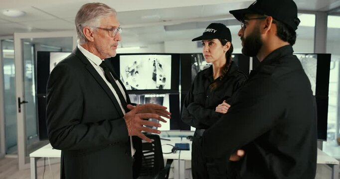 CCTV, security and supervisor talking to staff in office for instructions, meeting or surveillance. Communication, computer screen and manager person on control room to explain procedure or protocol
