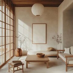 Minimalist Japandi interior with a 180 cm vertical poster frame in the center, highlighting soft neutral colors and wooden furniture.