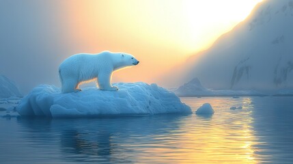   A polar bear standing on an iceberg in the midst of a body of water surrounded by majestic mountains