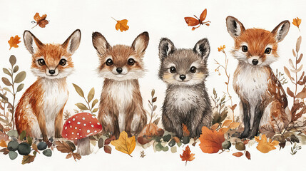 Fototapeta premium Four adorable fox kits sit amongst autumn leaves and flowers.