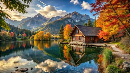 Fototapeta premium A serene cottage hugs the banks of a sparkling lake, surrounded by lush foliage and the majestic silhouettes of distant mountains.