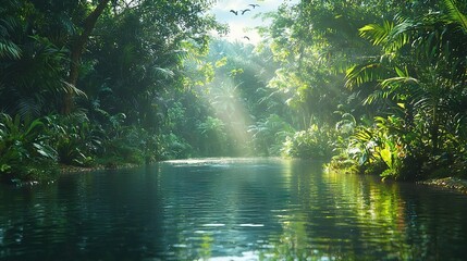 Obraz premium A body of water surrounded by trees and greenery on both sides is a beautiful sight The lush vegetation provides a serene environment, while the water adds life and movement Whether