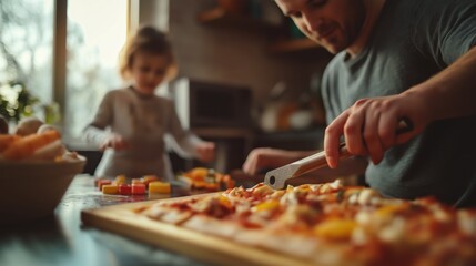  A father enjoys making pizza in the kitchen with his child